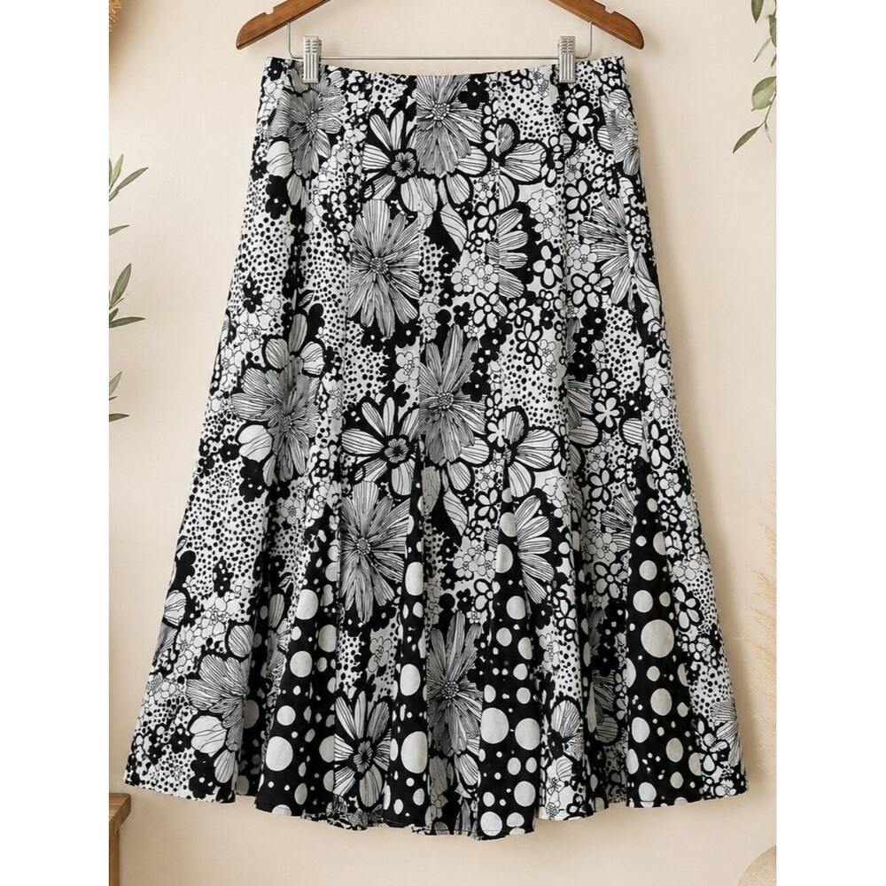 JM Collection Floral A-Line Midi Skirt Black White Cotton Size 16W Monochrome